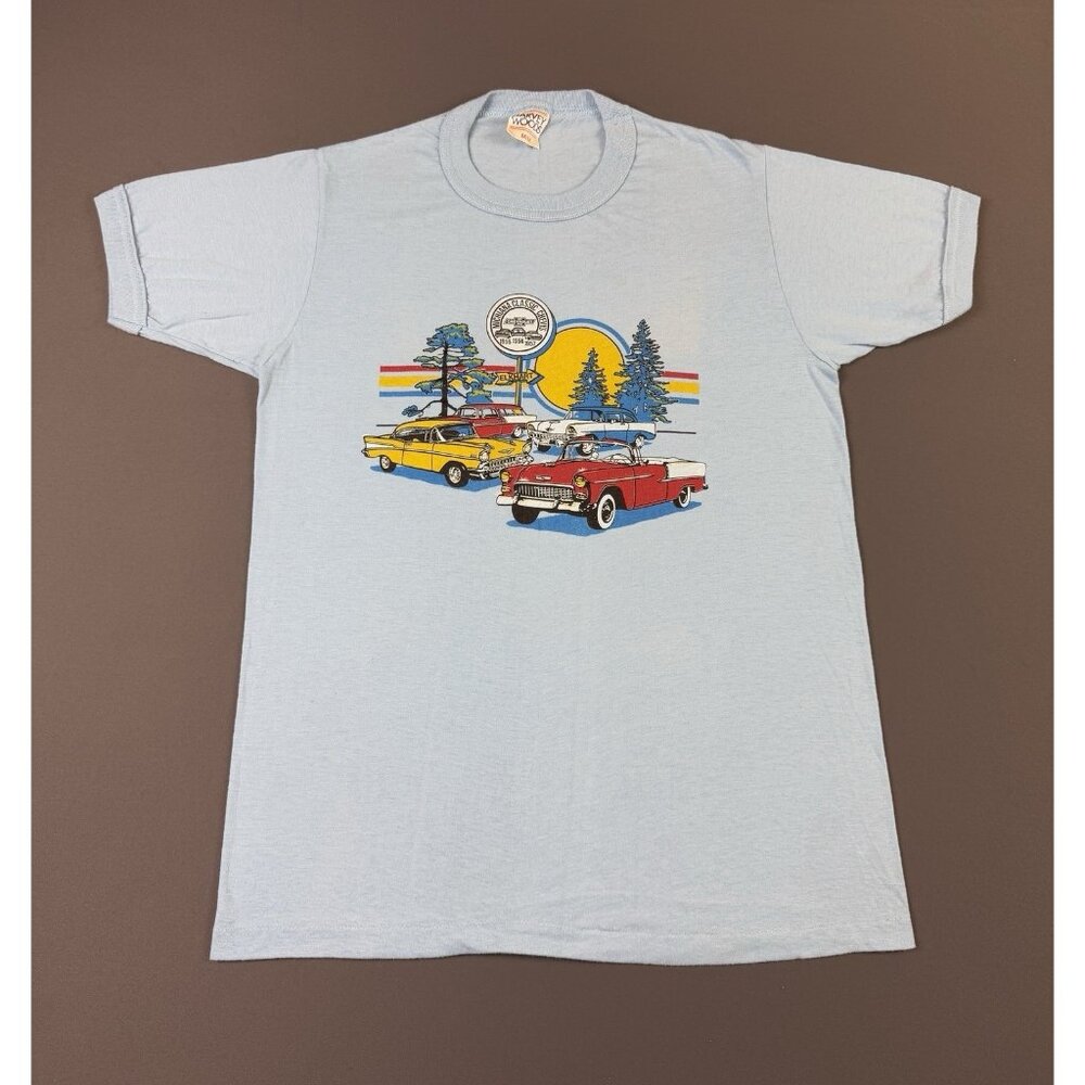 Rare Vintage 80s Chevrolet Car Dealership Harvey Woods Medium Tag Blue Tee Art